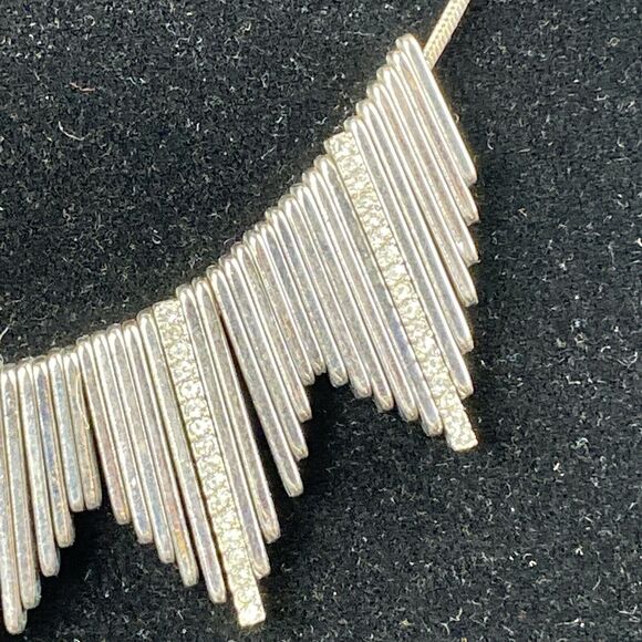 Vintage Silver Tone Rhinestone Brutalist Art Deco Bib Necklace Metal Fringe - Picture 3 of 7